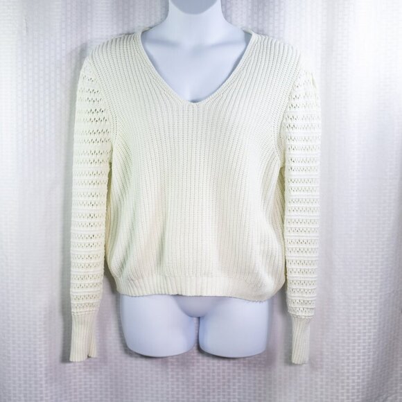 Rachel Zoe Size XL white vneck open knit sleeve long sleeve sweater V-Neck Knit - Picture 1 of 8